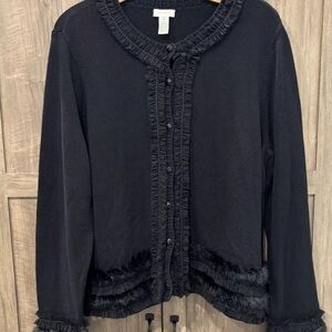Chico’s Size 4 (XXL) Sweater Cardigan Black Button Front Faux Fur Chiffon Trim